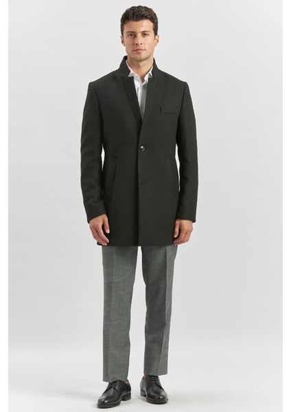 Siyah Kaşe Hakim Yaka Düz Yırtmaçsız Iç Yarım Kapitoneli Tam Astar Slim Fit Classic Kaban 1008235271