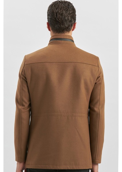 Taba Kaşe Dik Yaka Kapitoneli Astar Slim Fit Dar Kesim Klasik Kaban 1008245150