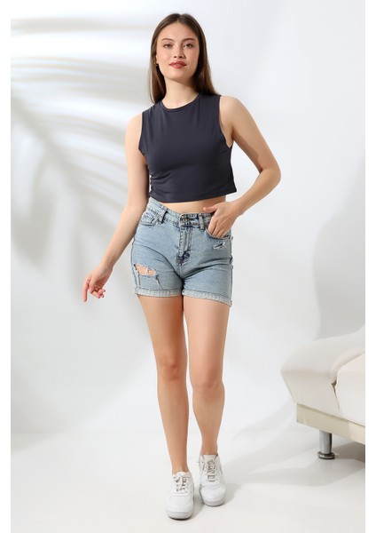 Kolsuz Kompakt Penye Geniş Esnek Crop Atlet 21755 Füme