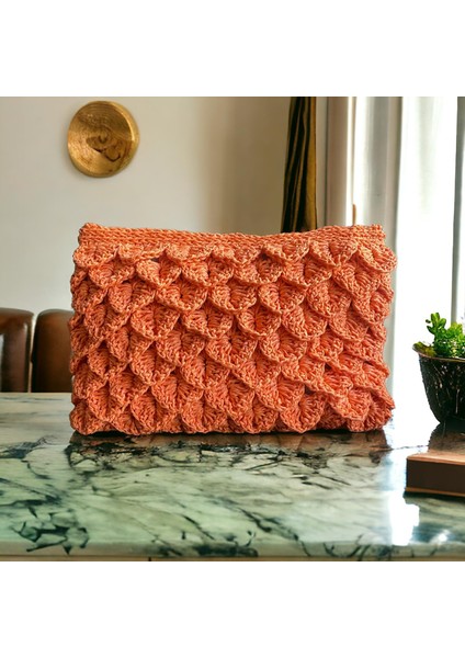 Turuncu Renk El Örgüsü Clutch Çanta