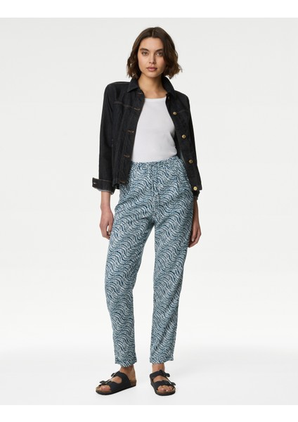 Yüksek Bel Desenli Tapered Fit Pantolon
