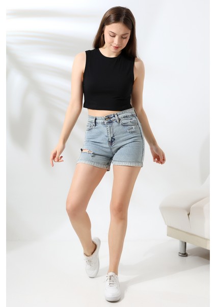 Kolsuz Kompakt Penye Geniş Esnek Crop Atlet 21755 Siyah