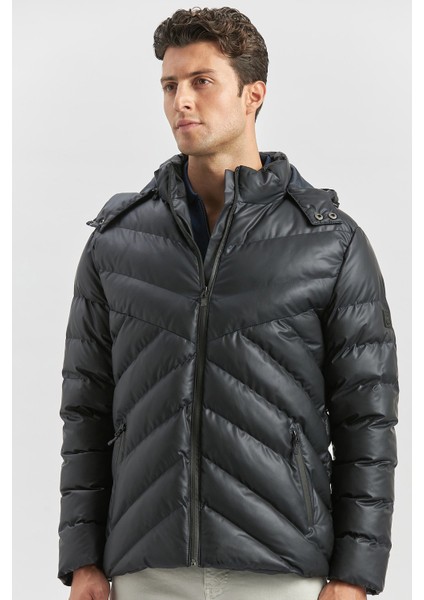 Koyu Lacivert Dolumlu Çıkarılabilir Kapüşonlu Astarlı Slim Fit Dar Kesim Casual Mont 1007245151