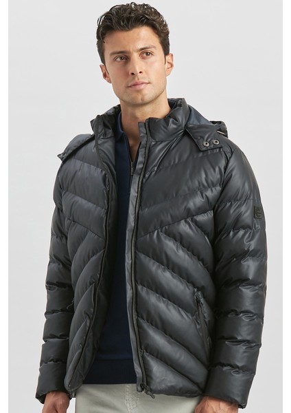 Koyu Lacivert Dolumlu Çıkarılabilir Kapüşonlu Astarlı Slim Fit Dar Kesim Casual Mont 1007245151