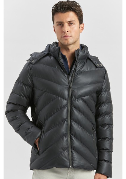 Koyu Lacivert Dolumlu Çıkarılabilir Kapüşonlu Astarlı Slim Fit Dar Kesim Casual Mont 1007245151