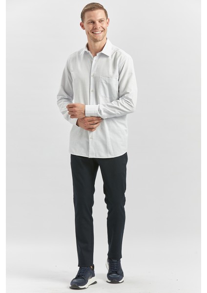 Koyu Mavi Uzun Kol Kendinden Desenli Armürlü 041 Sert Yaka Classic Comfort Fit Gömlek 1004240266 indirimleri