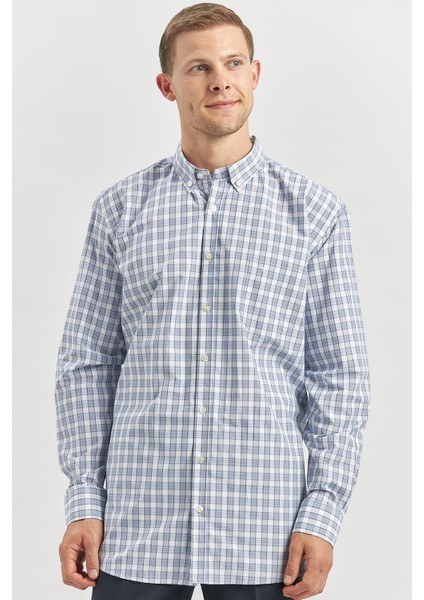 Koyu Lacivert Uzun Kol Ekose Desen Smart Classic Comfort Fit Gömlek 1004240253