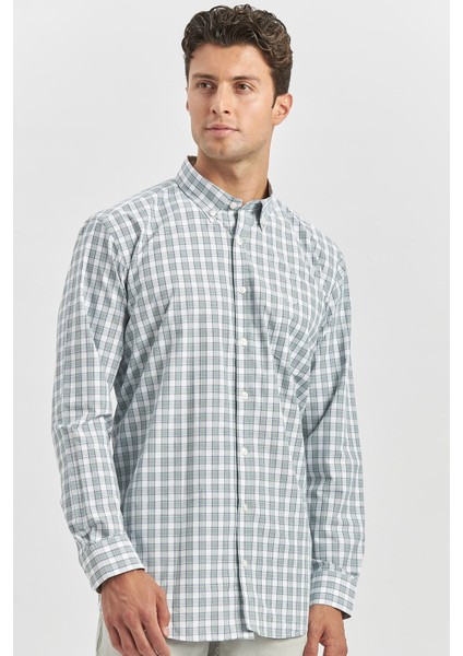 Koyu Yeşil Uzun Kol Ekose Desen Bez Ayağı Smart Düğmeli Yaka Classic Comfort Fit Gömlek 1004240253