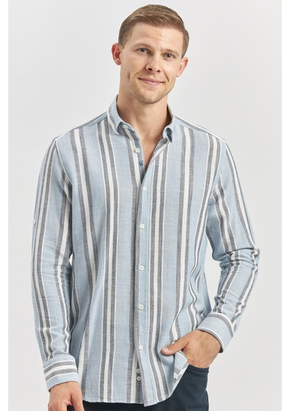 Koyu Mavi Kısalabilir Kollu Çizgili %100 Pamuk Casual Comfort Fit Gömlek 1004240246