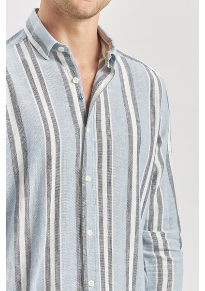Koyu Mavi Kısalabilir Kollu Çizgili %100 Pamuk Casual Comfort Fit Gömlek 1004240246 modelleri