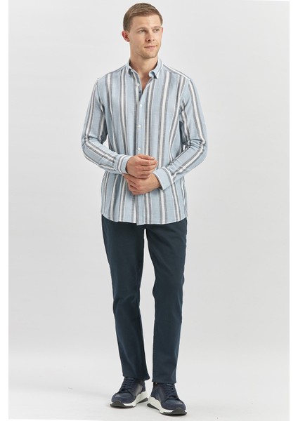 Koyu Mavi Kısalabilir Kollu Çizgili %100 Pamuk Casual Comfort Fit Gömlek 1004240246 fırsatları