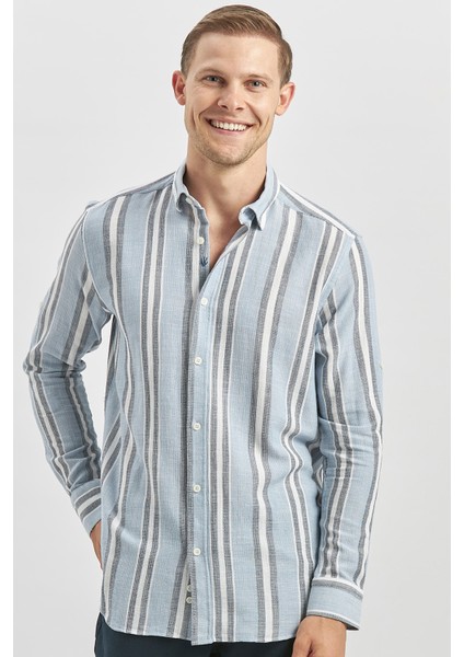 Koyu Mavi Kısalabilir Kollu Çizgili %100 Pamuk Casual Comfort Fit Gömlek 1004240246 indirimleri