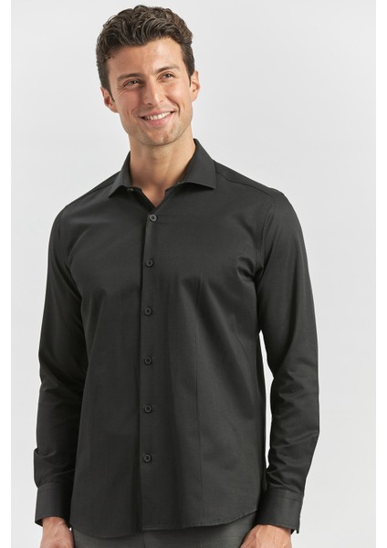 Siyah Uzun Kol Düz Bez Ayağı Yarım İtalyan Yaka Classic Slim Fit Gömlek 1004240268