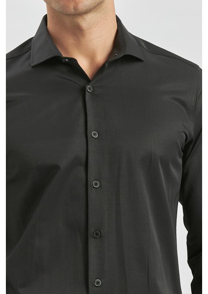 Siyah Uzun Kol Düz Bez Ayağı Yarım İtalyan Yaka Classic Slim Fit Gömlek 1004240268 modelleri