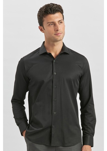 Siyah Uzun Kol Düz Bez Ayağı Yarım İtalyan Yaka Classic Slim Fit Gömlek 1004240268 indirimleri