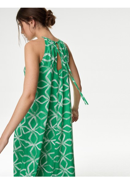 Halter Yaka Desenli Midi Keten Elbise