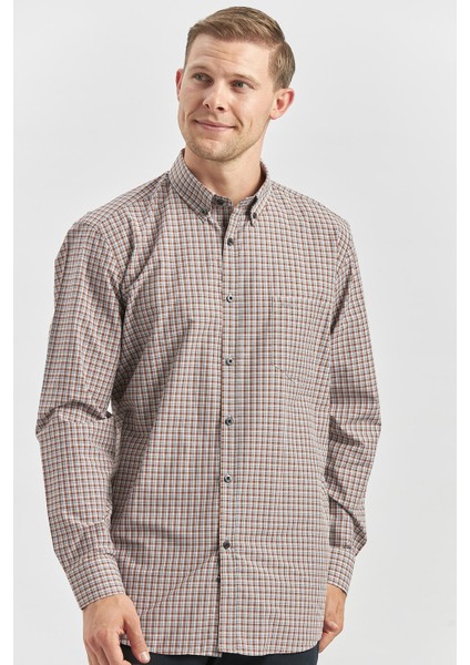 Kiremit Uzun Kol Ekose Desen Bez Ayağı Smart Düğmeli Yaka Classic Comfort Fit Gömlek 1004240252