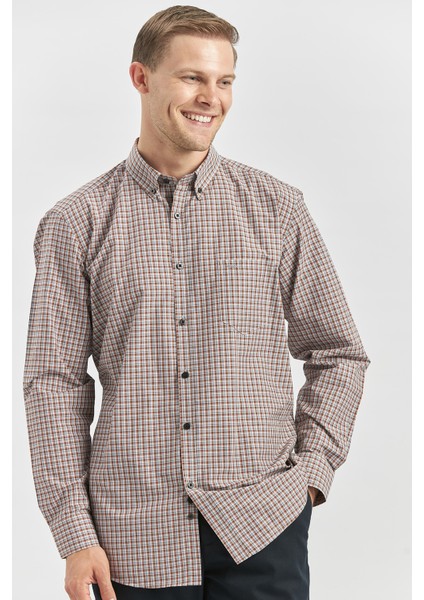 Kiremit Uzun Kol Ekose Desen Bez Ayağı Smart Düğmeli Yaka Classic Comfort Fit Gömlek 1004240252 modelleri