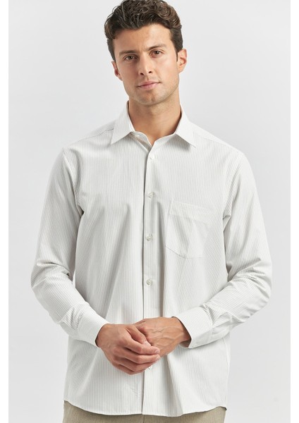 Bej Uzun Kol Çizgili Desen Bez Ayağı 041 Sert Yaka Classic Comfort Fit Gömlek 1004240263