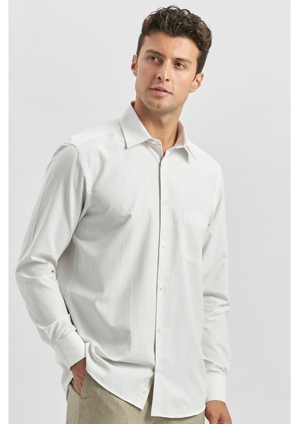 Bej Uzun Kol Çizgili Desen Bez Ayağı 041 Sert Yaka Classic Comfort Fit Gömlek 1004240263 indirimleri