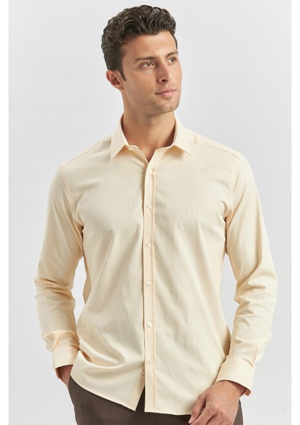 Açık Bej Uzun Kol Düz Bez Ayağı 032 Sert Yaka Classic Slim Fit Gömlek 1004240334