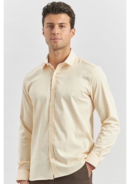 Açık Bej Uzun Kol Düz Bez Ayağı 032 Sert Yaka Classic Slim Fit Gömlek 1004240334 modelleri