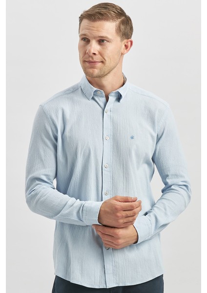 Mavi Uzun Kollu Gofreli Biyeli %100 Pamuk Casual Slim Fit Dar Kesim Gömlek 1004240247 fiyatları