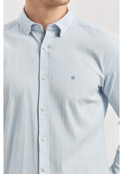Mavi Uzun Kollu Gofreli Biyeli %100 Pamuk Casual Slim Fit Dar Kesim Gömlek 1004240247 fırsatları