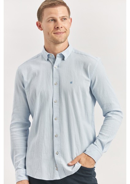 Mavi Uzun Kollu Gofreli Biyeli %100 Pamuk Casual Slim Fit Dar Kesim Gömlek 1004240247 indirimleri