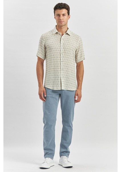 Koyu Lacivert Kısa Kollu Baskılı Düğmeli Yaka Keten Casual Slim Fit Dar Kesim Gömlek 1004240241 modelleri