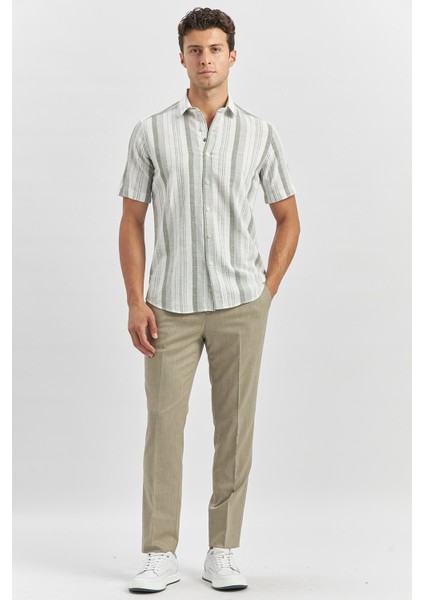 Koyu Haki Kısa Kollu Çizgili Armürlü Pamuklu Casual Slim Fit Dar Kesim Gömlek 1004240243 modelleri
