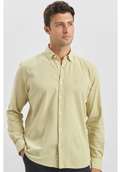 Açık Yeşil Uzun Kollu Gofreli Biyeli %100 Pamuk Casual Slim Fit Dar Kesim Gömlek 1004240247