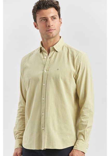 Açık Yeşil Uzun Kollu Gofreli Biyeli %100 Pamuk Casual Slim Fit Dar Kesim Gömlek 1004240247 fırsatları