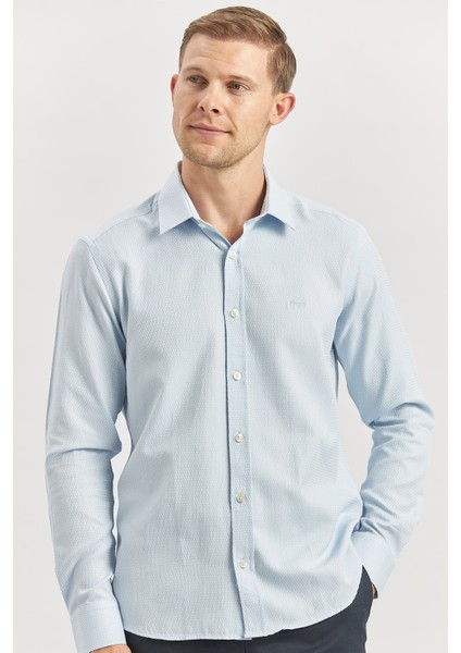 Koyu Mavi Uzun Kol Kendinden Desenli Armürlü 032 Sert Yaka Casual Slim Fit Gömlek 1004240249