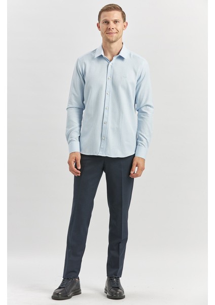 Koyu Mavi Uzun Kol Kendinden Desenli Armürlü 032 Sert Yaka Casual Slim Fit Gömlek 1004240249 modelleri