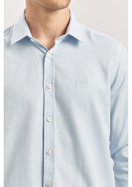 Koyu Mavi Uzun Kol Kendinden Desenli Armürlü 032 Sert Yaka Casual Slim Fit Gömlek 1004240249 indirimleri