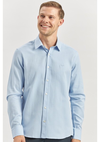 Mavi Uzun Kol Kendinden Desenli Armürlü 032 Sert Yaka Casual Slim Fit Gömlek 1004240249