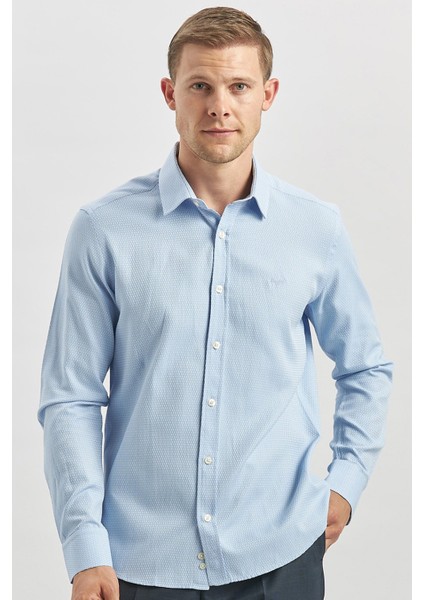 Mavi Uzun Kol Kendinden Desenli Armürlü 032 Sert Yaka Casual Slim Fit Gömlek 1004240249 indirimleri