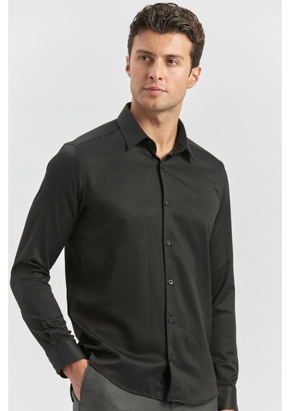 Siyah Uzun Kol Kendinden Desenli Armürlü 032 Sert Yaka Classic Slim Fit Gömlek 1004245153