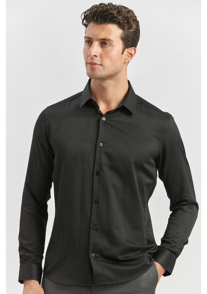 Siyah Uzun Kol Kendinden Desenli Armürlü 032 Sert Yaka Classic Slim Fit Gömlek 1004245153 modelleri