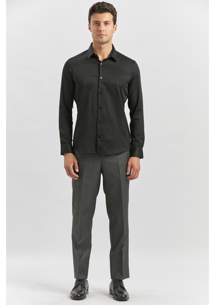 Siyah Uzun Kol Kendinden Desenli Armürlü 032 Sert Yaka Classic Slim Fit Gömlek 1004245153 fırsatları