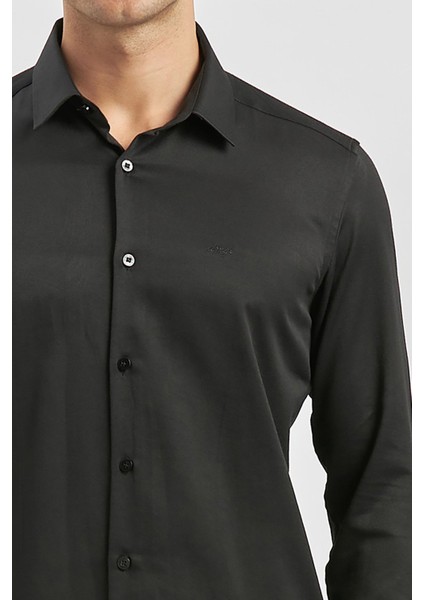 Siyah Uzun Kol Kendinden Desenli Armürlü 032 Sert Yaka Classic Slim Fit Gömlek 1004245153 indirimleri