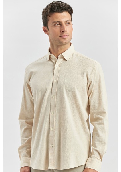 Bej Uzun Kollu Gofreli Biyeli %100 Pamuk Casual Slim Fit Dar Kesim Gömlek 1004240247