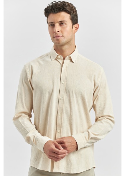 Bej Uzun Kollu Gofreli Biyeli %100 Pamuk Casual Slim Fit Dar Kesim Gömlek 1004240247 fiyatları