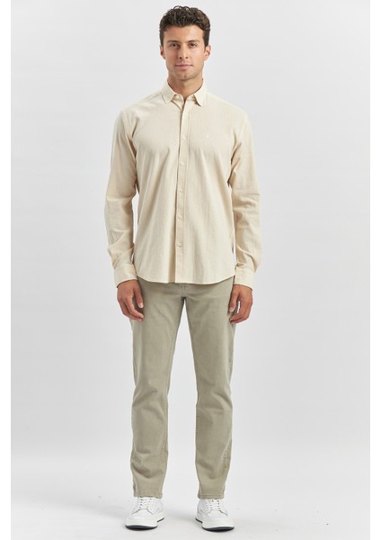Bej Uzun Kollu Gofreli Biyeli %100 Pamuk Casual Slim Fit Dar Kesim Gömlek 1004240247 indirimleri