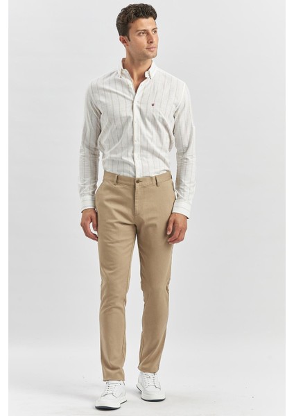 Bej Düz Armürlü Slim Fit Casual Pantolon 1003240168