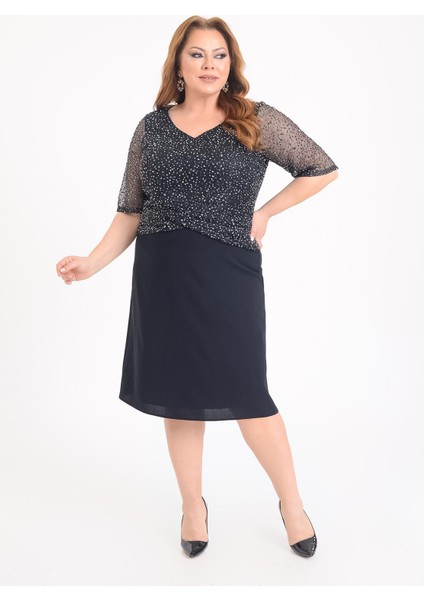 Büyük Beden Lacivert Renkli V Yaka Kısa Abiye Elbise fiyatları
