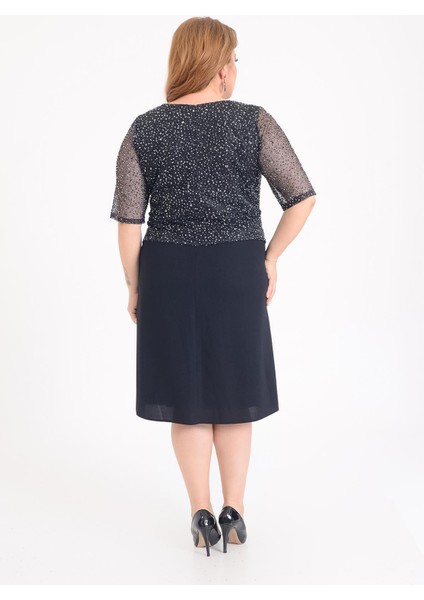 Büyük Beden Lacivert Renkli V Yaka Kısa Abiye Elbise modelleri
