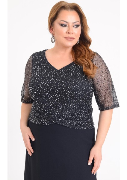 Büyük Beden Lacivert Renkli V Yaka Kısa Abiye Elbise fırsatları