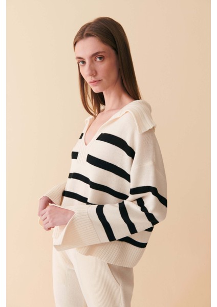 Kemik Rengi Çizgili Kadın Kazak modelleri